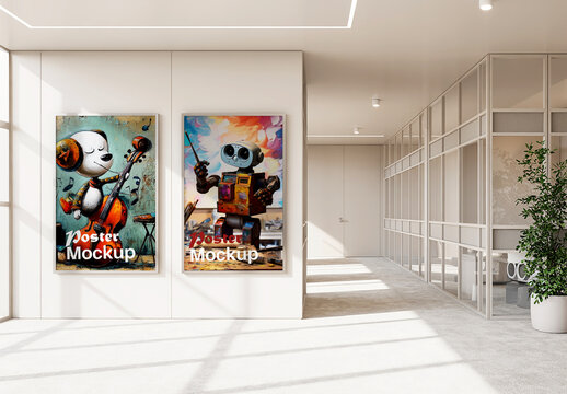 Dual Vertical Poster Mockup in Modern Office Hallway