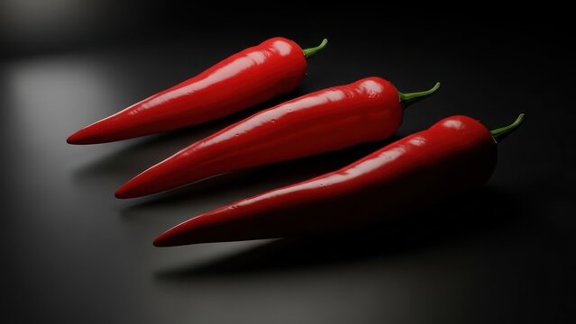 Three red chili peppers isolated on black background