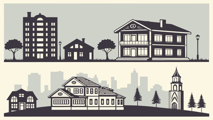 Obraz premium Houses and buildings in urban and rural settings