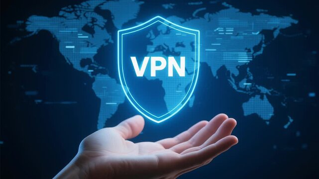 VPN connections zero trust security data protection secure access online privacy encryption technology digital shield hand world map background
