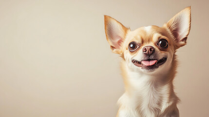 Obraz premium A cute Chihuahua sitting on a clean, solid light beige background, looking up at the camera with a happy expression, high-quality, studio lighting, plenty of negative space for text