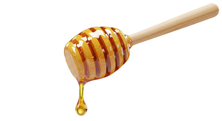 Realistic honey dipper with dripping honey on transparent background