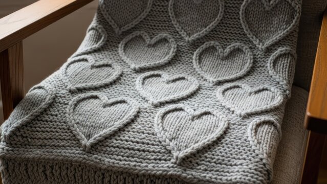 A knitted grey blanket with heart patterns on a wooden chair.