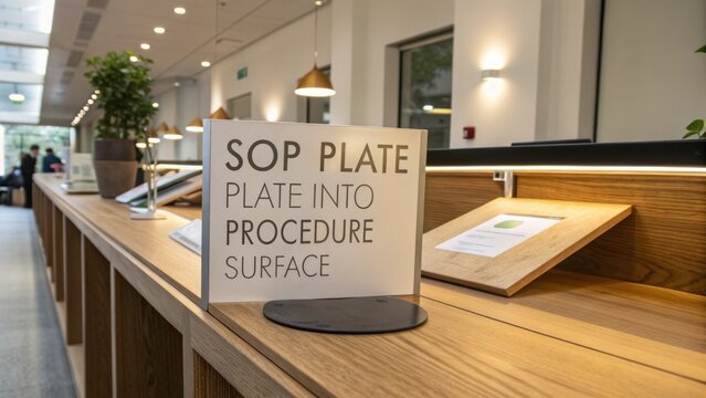 SOP Plate Instruction Sign on Wooden Counter in Modern Office Environment for Procedure Guidelines