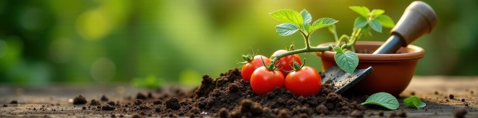 Small tomato plants in a terracotta pot with a spade and rake , gardening, agriculture