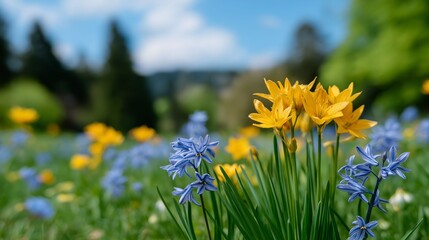 Fototapeta premium In the heart of Zollikon Zurich, a colorful spring meadow bursts with life. Delicate blue and bright yellow flowers sway gently, inviting the warmth of the sun on a lovely day