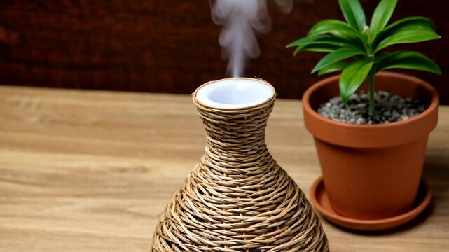 Discover calm home lifestyle and wellness with relaxing aroma diffuser and green plant. Create tranquil atmosphere with natural positive energy for peaceful interior