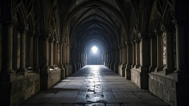 Mysterious dark stone hallway with arched ceilings and ornate columns leading to bright light