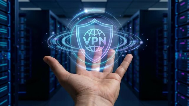 VPN connections and zero trust security data protection secure access online privacy encryption technology digital shield hand server room network safety internet firewall cyber defense protection