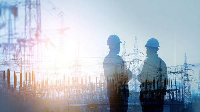 Two engineers in hard hats stand silhouetted against a backdrop of electrical power lines and substation equipment on a bright day landscape.