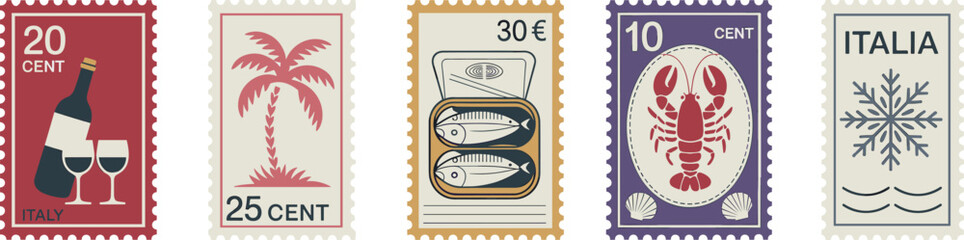 Vintage travel postage stamps illustration set, Italy themed summer icons, wine palm tree seafood lobster snowflake, retro flat design collection © MdSakila