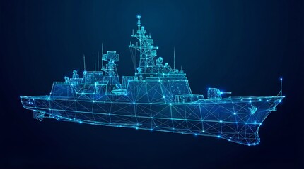 Fototapeta premium Futuristic Digital Wireframe of Modern Missile Destroyer Warship with Glowing Blue Poly Mesh - Naval Defense Concept
