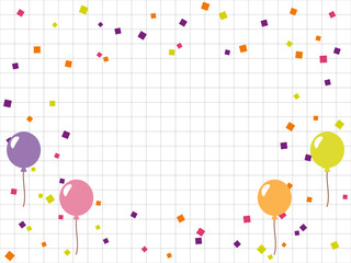風船と紙吹雪とグリッド線背景のイラスト（紫・ピンク・オレンジ・黄緑）