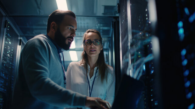 Two IT engineers analyzing data on a laptop inside a server room with data center infrastructure for network storage and cloud computing.
