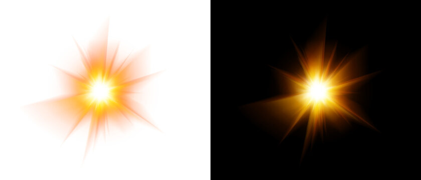 Golden starburst light flare with brilliant orange rays and glowing central spark for magical background design elements