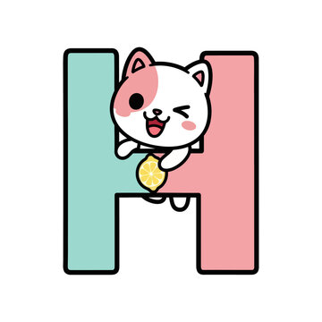 Cute cartoon cat character on colorful letter h smiling and playful with coin