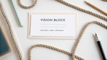 Vision Block Concept on a Desk Surrounded by Rope, Pencils and Notebook for Clarity and Direction in Planning