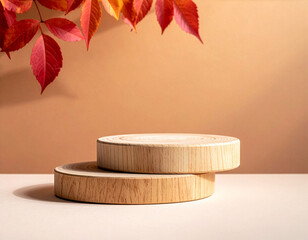 A minimalist product display scene featuring two round wooden podium