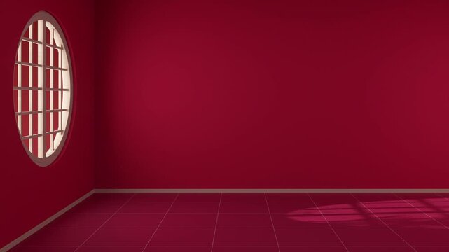 Minimalist red room interior with moving sunlight shadow from round window on empty wall