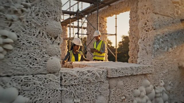 Cinematic footage of sustainable architectural brick material grown from organic fungal mycelium root systems, representing a breakthrough in green building technology and design.