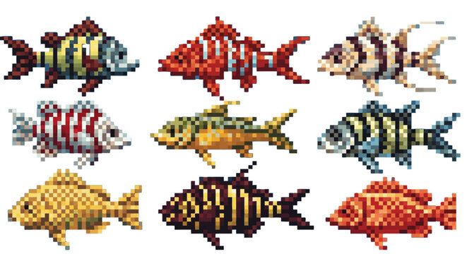 Pixel Art Fish Collection : A creative set of pixel art fish characters and colorful variations. Perfect for 8-bit retro game design