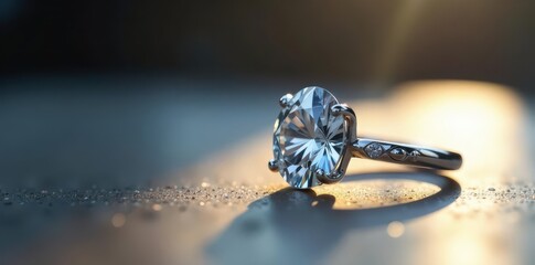 Sparkling solitaire diamond ring, sunlight gleam, engagement, sparkle