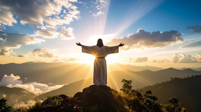 Man in white robe with arms outstretched on mountain peak with sun rays