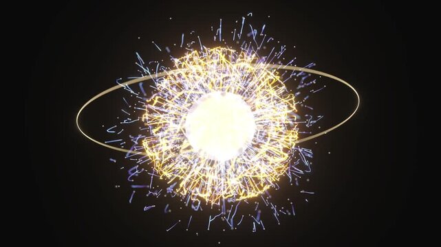 Abstract scientific atom model with glowing particles and energy orbits in motion animation loop