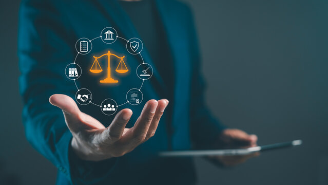 A person in a suit holds a tablet, surrounded by legal icons representing justice, law, and various services.