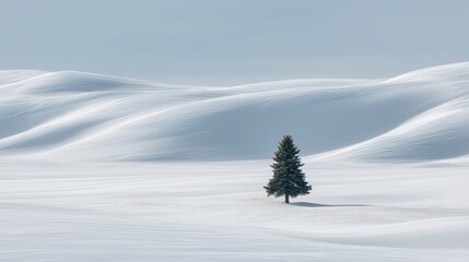 Image of restrained winter calm depicting a single evergreen tree standing resilient in a vast field of smooth, wind-swept snow