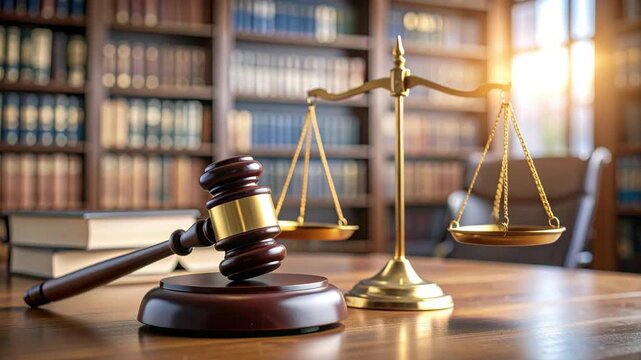 Justice scales and gavel on a wooden desk with bookshelves and sunlight in background