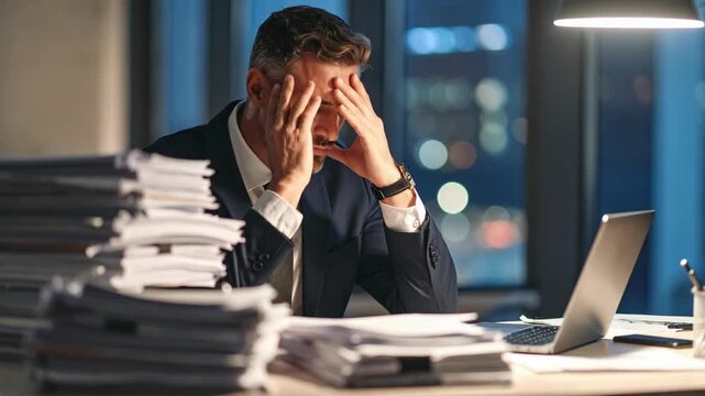 Man overwhelmed by work sits at desk with stacks of paper in office at night