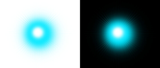 Cyan blue light burst effect with soft circular glow and fine radiating rays for futuristic...