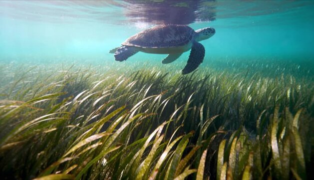 sea turtle shadow passing over dense seagrass bed perfect for world seagrass day