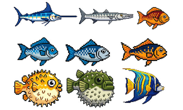 Pixel Art Fish Collection : A creative set of pixel art fish characters and colorful variations. Perfect for 8-bit retro game design