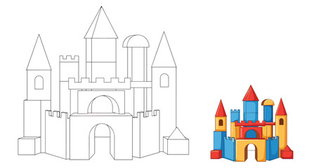 Fototapeta premium Kids coloring page with castle architecture illustration showing line art version and completed colorful toy block example.