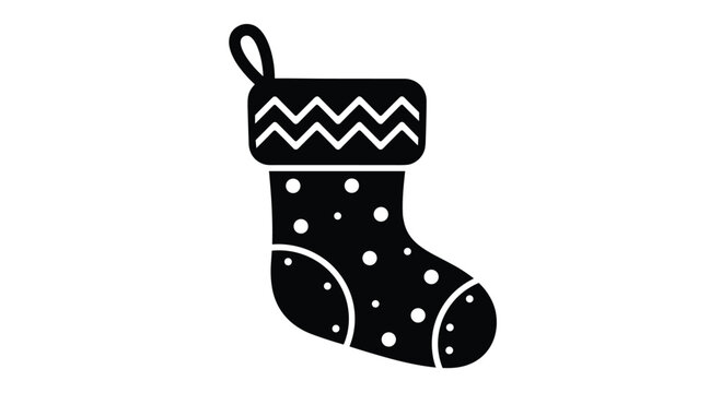 Festive Christmas stocking icon with a chevron pattern cuff and polka dot body shown in a bold black and white silhouette design for holidays.