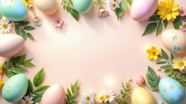 Pastel easter eggs and spring flowers frame with copy space.