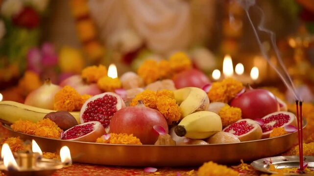 Chaitra Navratri Prasad Plate with Fresh Fruits and Traditional Sweets