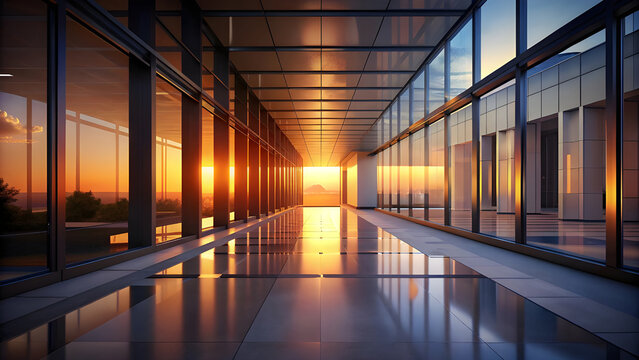 Modern architectural interior at sunrise: a sleek glass-walled corridor in a contemporary office building, floor-to-ceiling windows reflecting warm golden sunlight, long clean lines