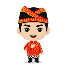 Charming chibi illustration of a young Indonesian man in traditional red and gold costume, making a respectful gesture.