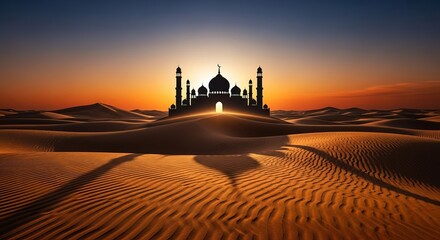 Silhouette of a Mosque on a Sand Dune at Sunset