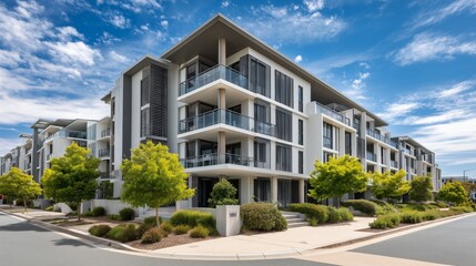 Obraz premium Modern buildings line a street with trees and greenery under a blue sky on a sunny day