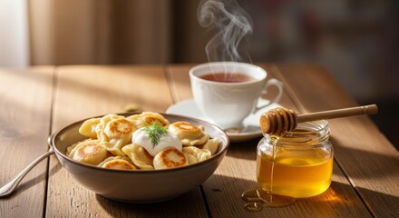 Steaming Hot Dumplings with Sour Cream and Honey, Served with Tea