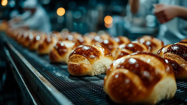 Rows of golden, glossy bread loaves travel along a conveyor belt in a bustling industrial bakery. the blurred background highlights the focus on the bread, showcasing the efficiency and scale of moder