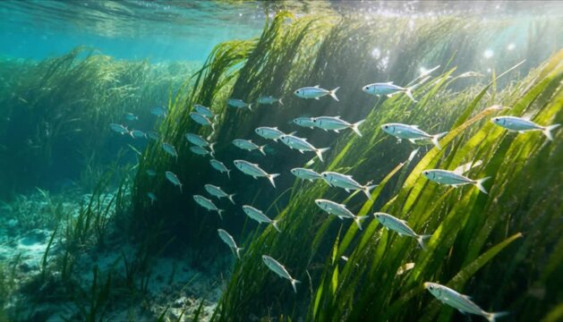 top down view of lush seagrass forest and silver fish perfect for world seagrass day