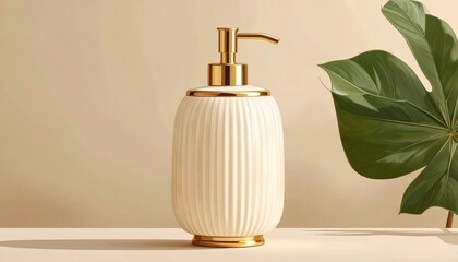 Cream-colored ribbed soap dispenser with gold pump on light surface, beside matte vase and dried flowers