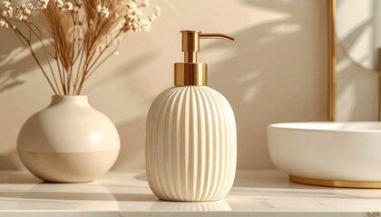Cream-colored ribbed soap dispenser with gold pump on light surface, beside matte vase and dried flowers