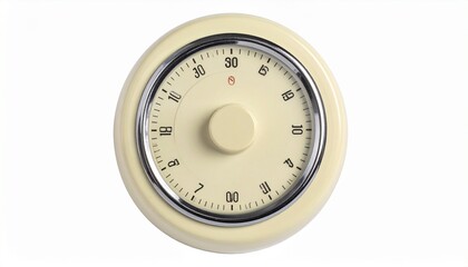 Cream-colored vintage analog clock showing 12:30 with black and red numerals on round face and classic base