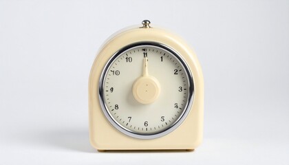 Cream-colored vintage analog clock showing 12:30 with black and red numerals on round face and classic base